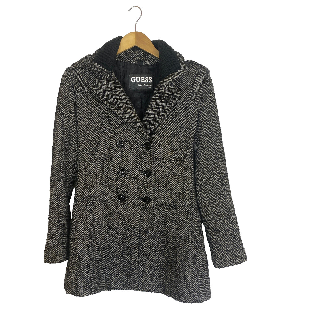 Vtg Y2K Guess Winter Pea Coat Sz Small Black White Herringbone Lined READ